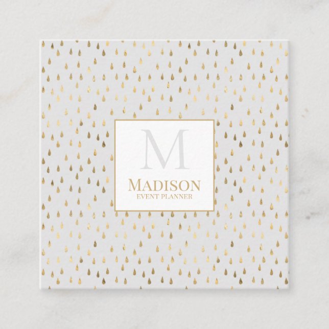 Cream Gold Raindrop Modern Trendy Monogram Square Business Card (Front)