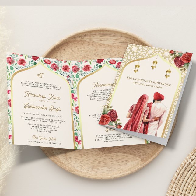 Cream Gold Red Roses All in One Sikh Wedding Invitation (Creator Uploaded)