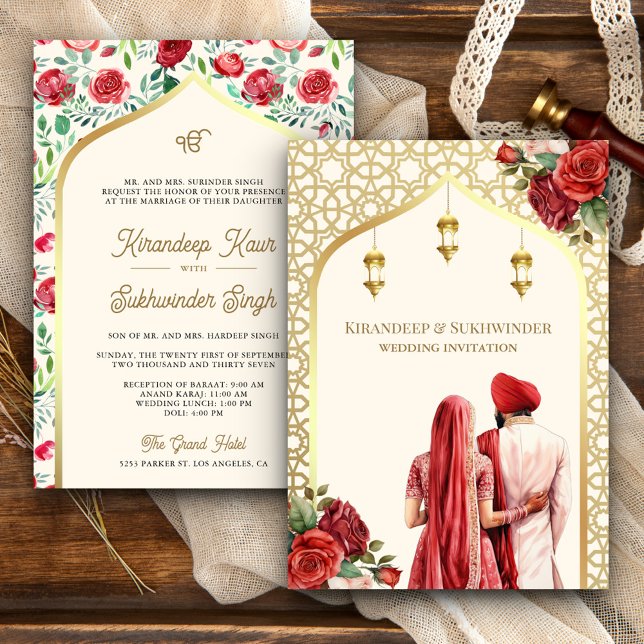 Cream Gold Red Roses Anand Karaj Sikh Wedding Invitation (Creator Uploaded)
