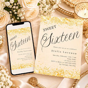 Cream gold script elegant Sweet 16 Invitation