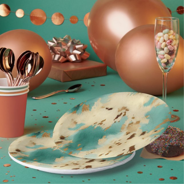 Cream Gold Turquoise Cowhide Animal  Paper Plate (Multi)