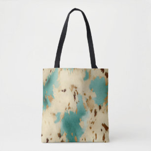 Cream Gold Turquoise Cowhide Animal Tote Bag