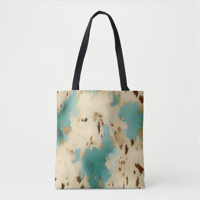 Cream Gold Turquoise Cowhide Animal  Tote Bag (Front)