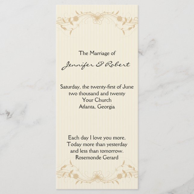 Cream Gold Vintage Pinstripe Wedding Program Programme (Front)