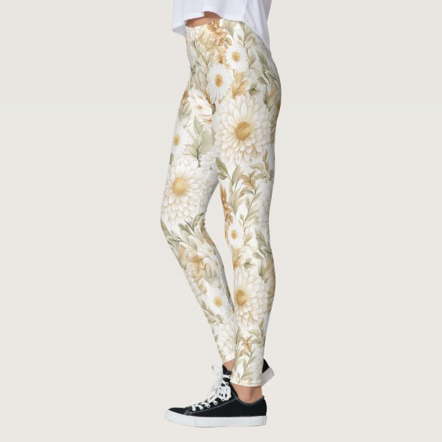 Cream Gold White Country Flowers Leggings (Left)