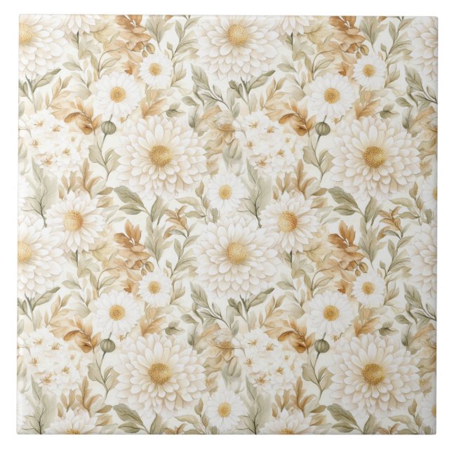 Cream Gold White Country Flowers Tile (Front)
