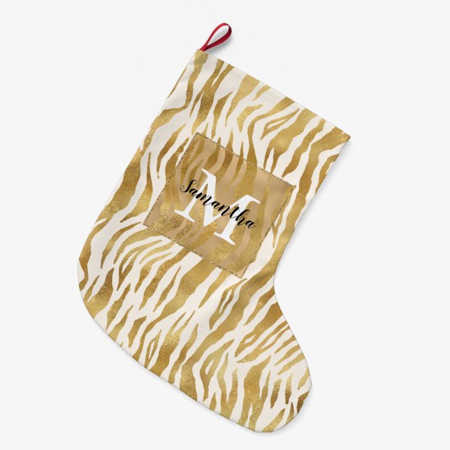 Cream Gold Zebra Print Monogram      Large Christmas Stocking (Front (Hanging))