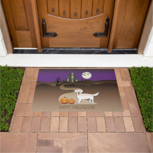 Cream Golden Retriever And Halloween Haunted House Doormat