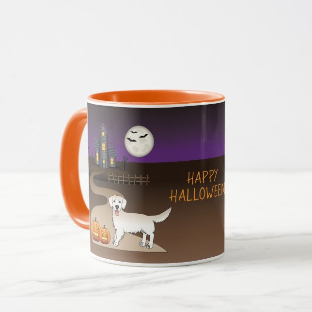 Cream Golden Retriever And Halloween Haunted House Mug (Front Left)