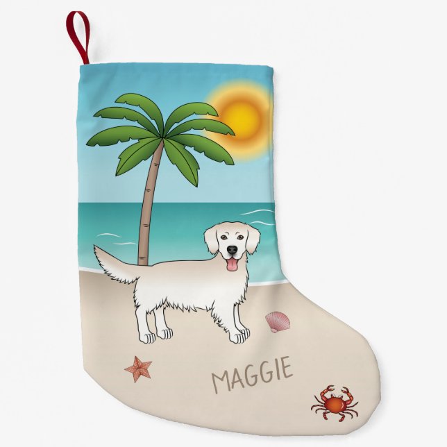 Cream Golden Retriever At A Tropical Summer Beach Small Christmas Stocking (Front)