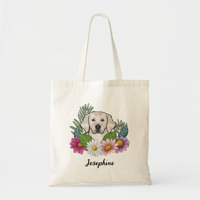 Cream Golden Retriever Colourful Flowers And Name Tote Bag (Front)