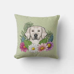 Cream Golden Retriever Colourful Flowers Green Cushion
