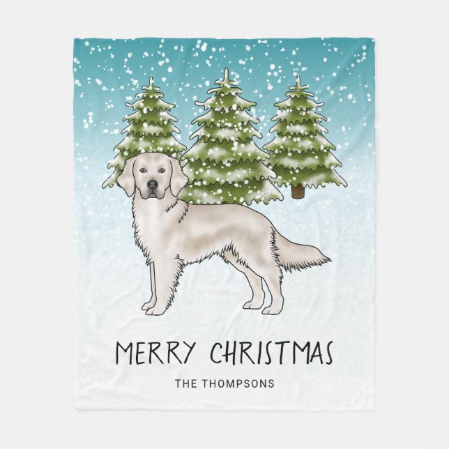 Cream Golden Retriever Dog Blue Snowy Christmas Fleece Blanket (Front)