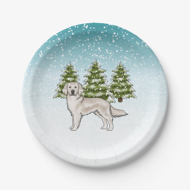 Cream Golden Retriever Dog Blue Winter Christmas Paper Plate (Front)