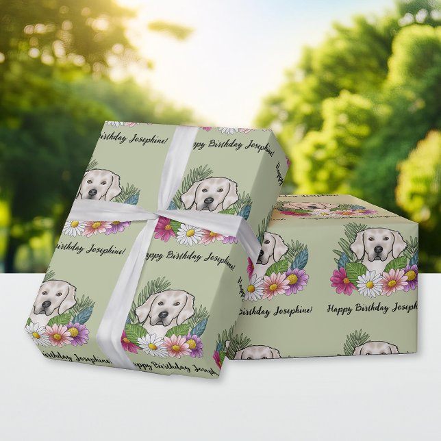 Cream Golden Retriever Floral Happy Birthday Green Wrapping Paper (Creator Uploaded)