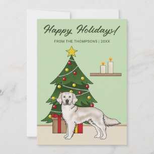 Cream Golden Retriever Green Festive Christmas Holiday Card