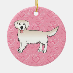 Cream Golden Retriever On Pink Hearts Pet Memorial Ceramic Tree Decoration
