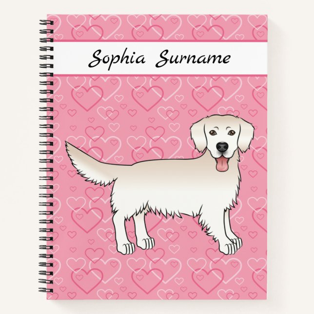 Cream Golden Retriever On Pink Hearts & Text Notebook (Front)