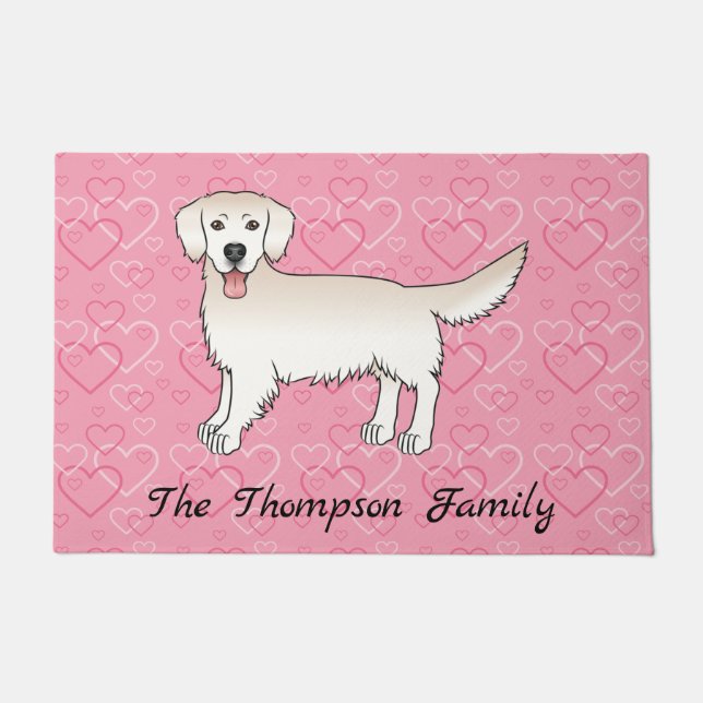 Cream Golden Retriever On Pink Hearts With Text Doormat (Front)