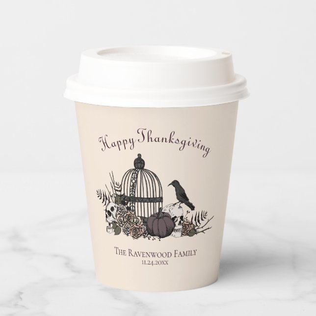 Cream Gothic Skulls, Pumpkin & Roses Thanksgiving  Paper Cups (Front)