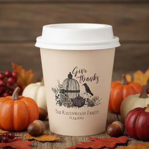 Cream Gothic Skulls & Roses Give Thanks Autumn Paper Cups