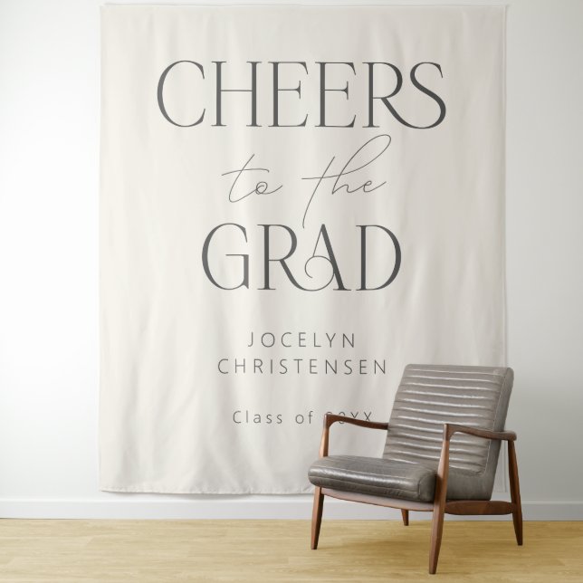 Cream Gray Cheers to the Grad Photo Backdrop Tapestry (In Situ)