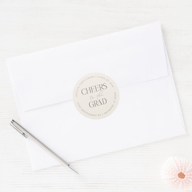Cream Gray Personalized Cheers to the Grad Classic Round Sticker (Envelope)
