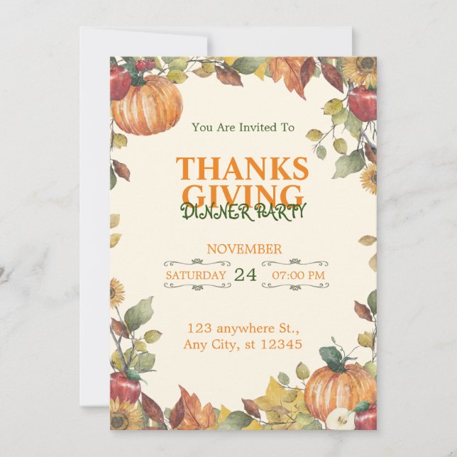 Cream Green and Orange Modern Thanksgiving Dinner Invitation (Front)