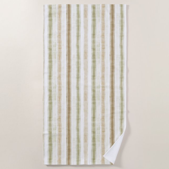 Cream Green Brown Stripes  Beach Towel (Front)