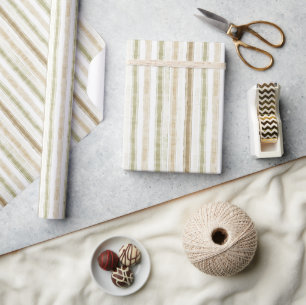 Cream Green Brown Stripes Birthday Wrapping Paper