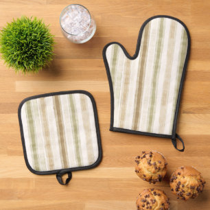 Cream Green Brown Stripes Oven Mitt & Pot Holder Set