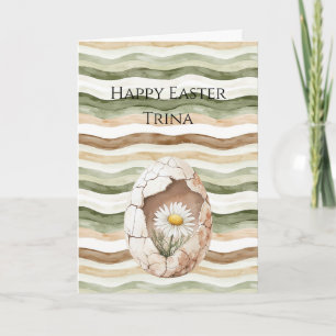 Cream Green Brown White Daisy Flower Easter Egg Card