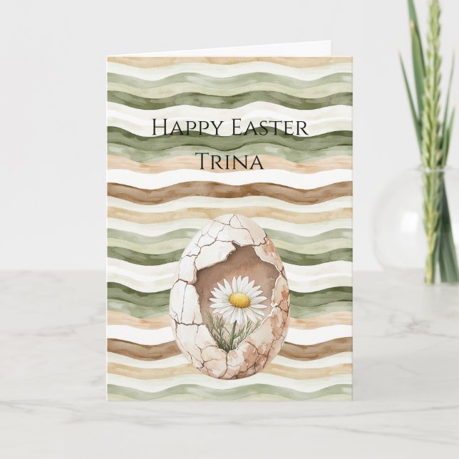 Cream Green Brown White Daisy Flower Easter Egg Card (Front)