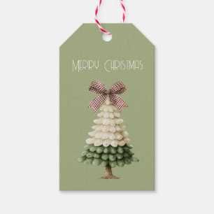 Cream Green Christmas Tree Red Bow Gift Tags