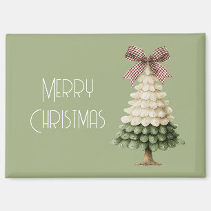 Cream Green Christmas Tree Red Bow Magnet