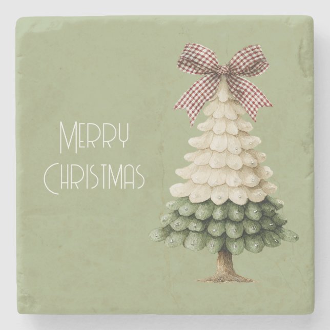 Cream Green Christmas Tree Red Bow   Stone Coaster (Front)