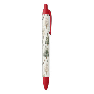 Cream Green Christmas Trees Black Ink Pen