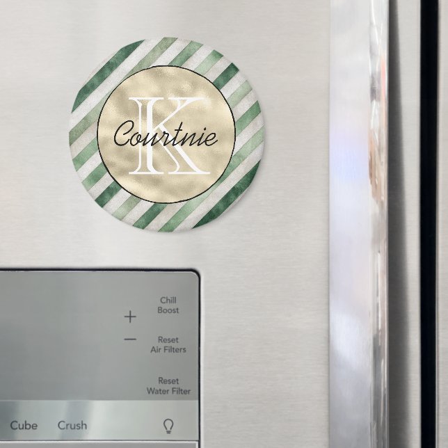 Cream Green Diagonal Stripes Gold Monogram      Magnet (In Situ (Fridge))