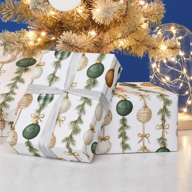 Cream Green Gold Christmas Ornaments Wrapping Paper (Holidays)