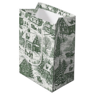 Cream Green Holiday Village Scenic Toile Medium Gift Bag