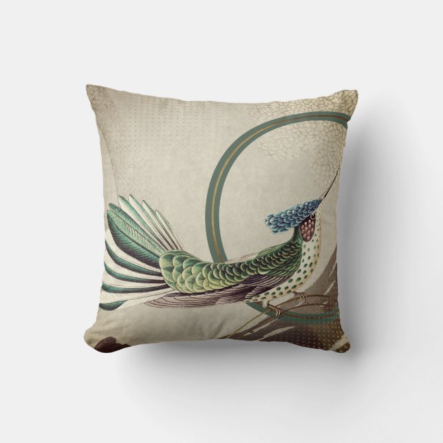 Cream & Green Hummingbird | Ernst Haeckel Inspired Cushion (Front)
