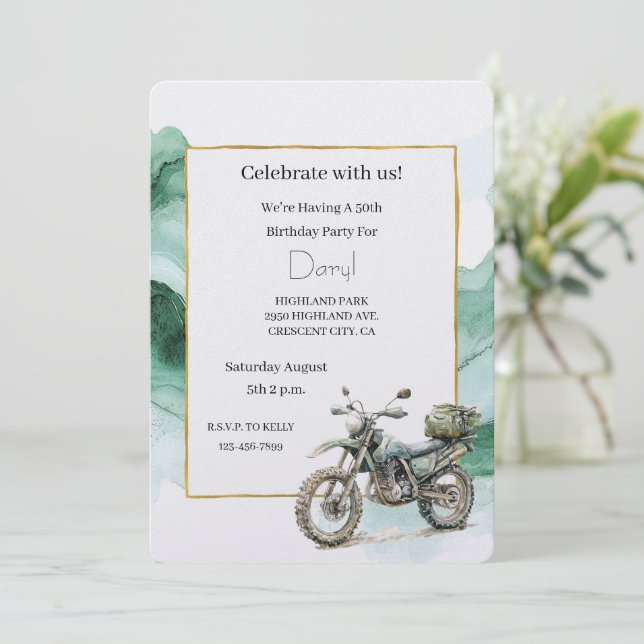 Cream Green Motorcycle Adventure Birthday Invitation (Standing Front)