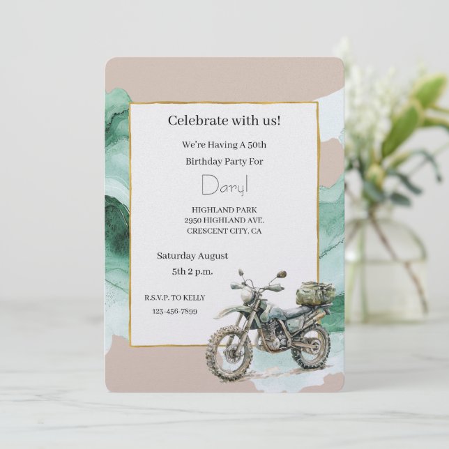 Cream Green Motorcycle Adventure Birthday Invitation (Standing Front)