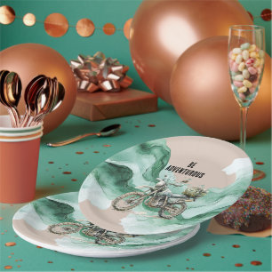 Cream Green Motorcycle Adventure Paper Plate
