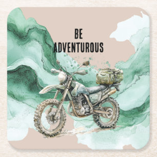 Cream Green Motorcycle Adventure Square Paper Coaster