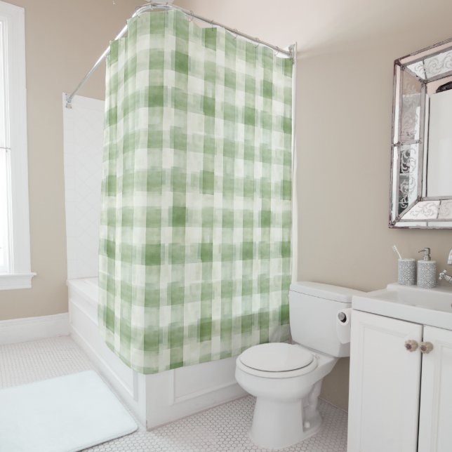 Cream Green Plaid   Shower Curtain (In Situ)