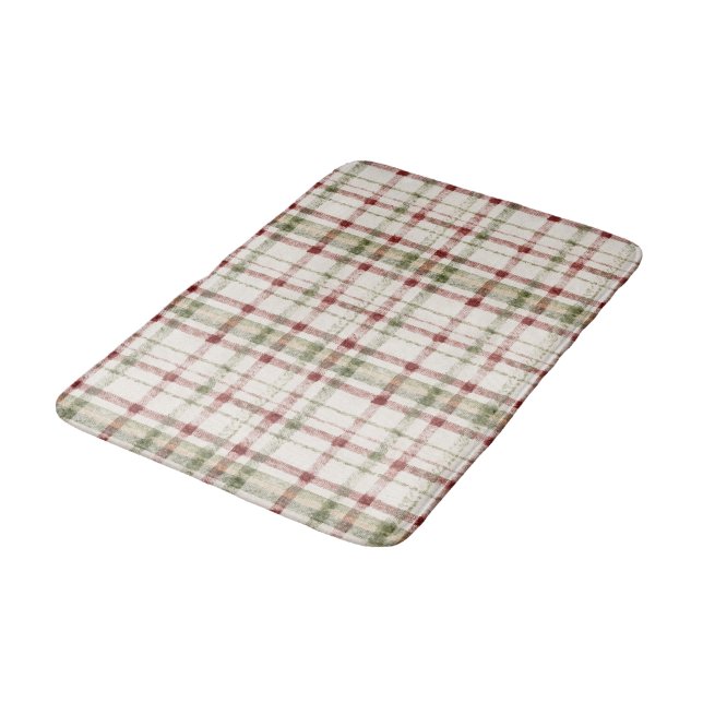 Cream Green Red Plaid Stripes  Bath Mat (Angled)