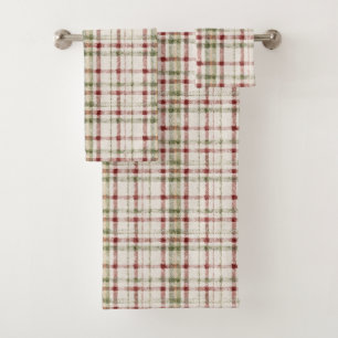 Cream Green Red Plaid Stripes  Bath Towel Set