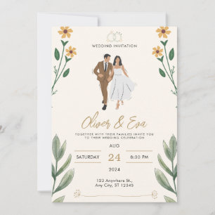 Cream Green Simple Illustrated Wedding Invitation