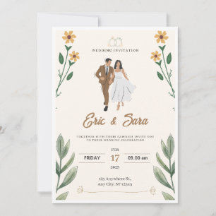 Cream Green Simple Illustrated Wedding Invitation